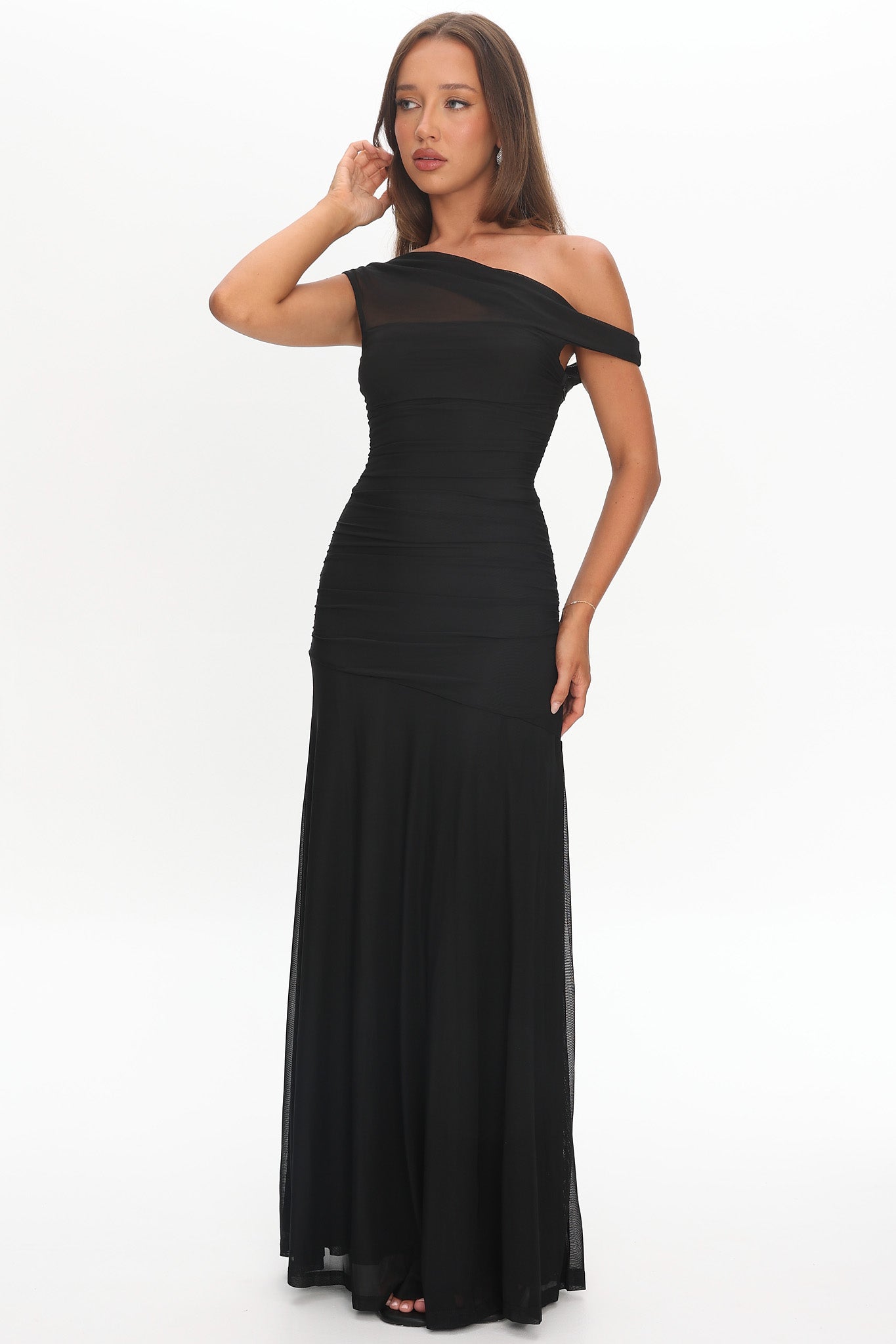 Lylah Asymmetric Neckline Mesh Maxi Dress Black