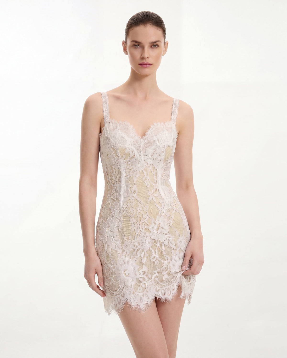 Eyelash Lace Bustier Bodycon Dress - White/Yellow