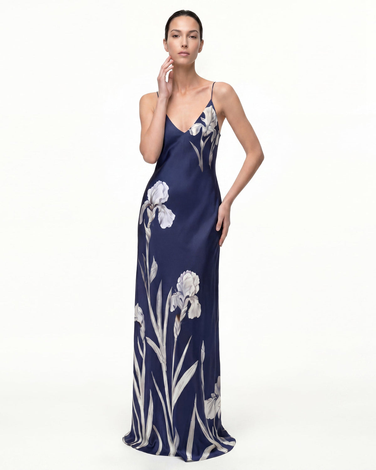 Iris Motif Satin Slip Gown - Navy Blue