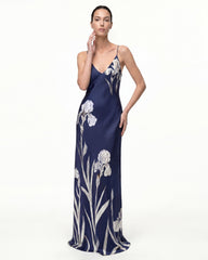 Iris Motif Satin Slip Gown - Navy Blue