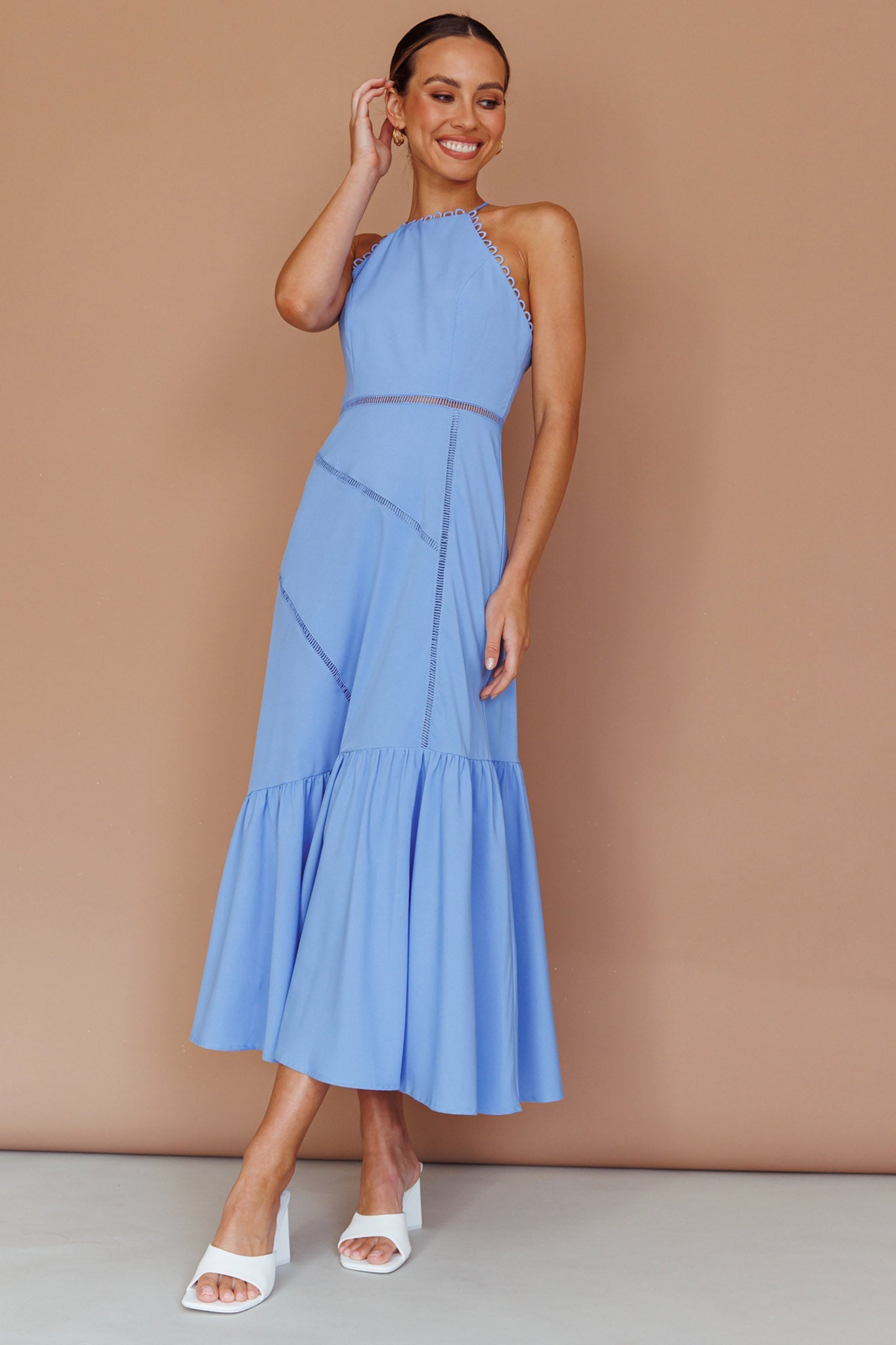 Felini Criss-Cross Back Flounce Midi Dress Blue