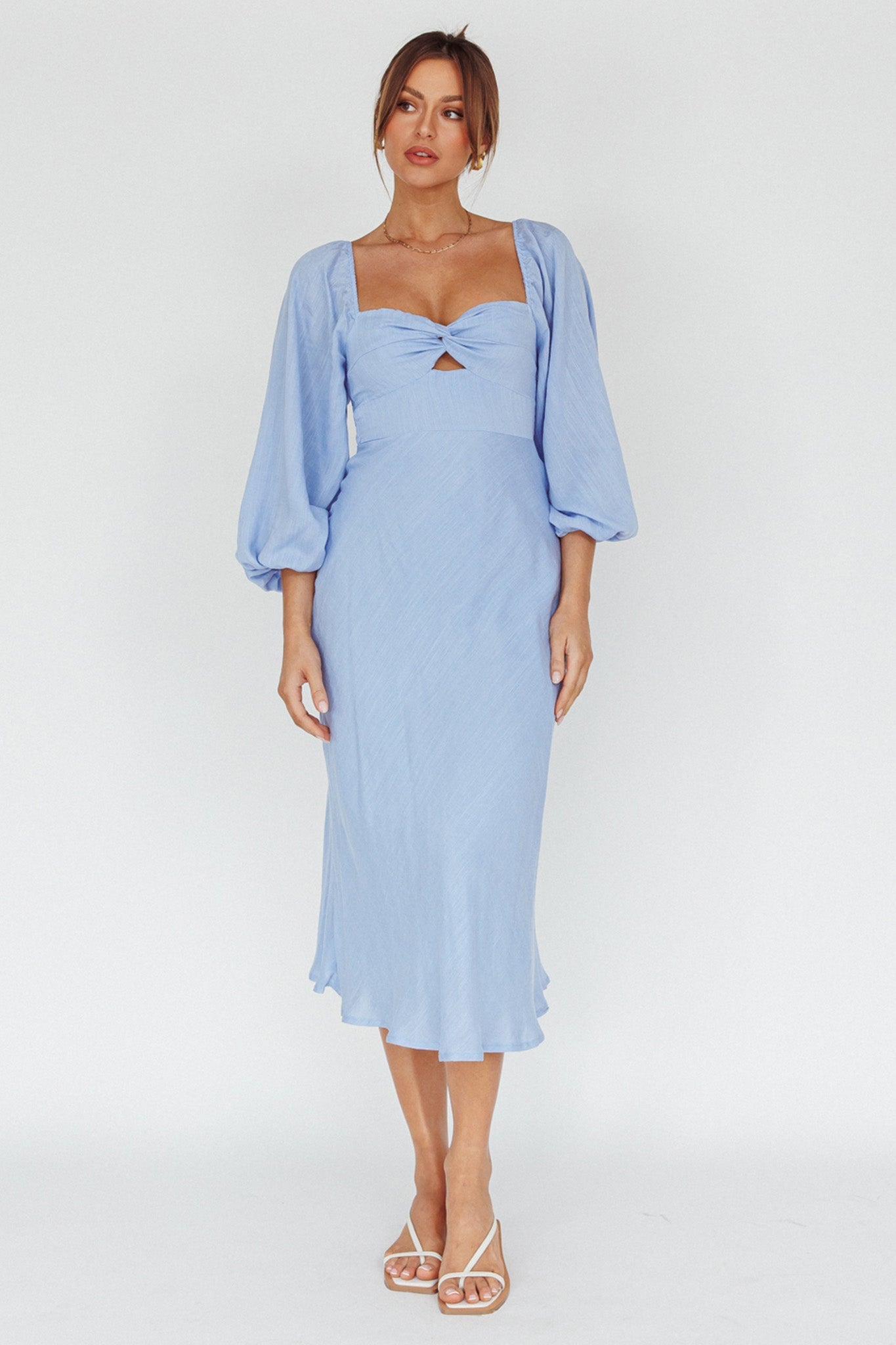 Betina Twist Bust Long Sleeve Midi Dress Blue