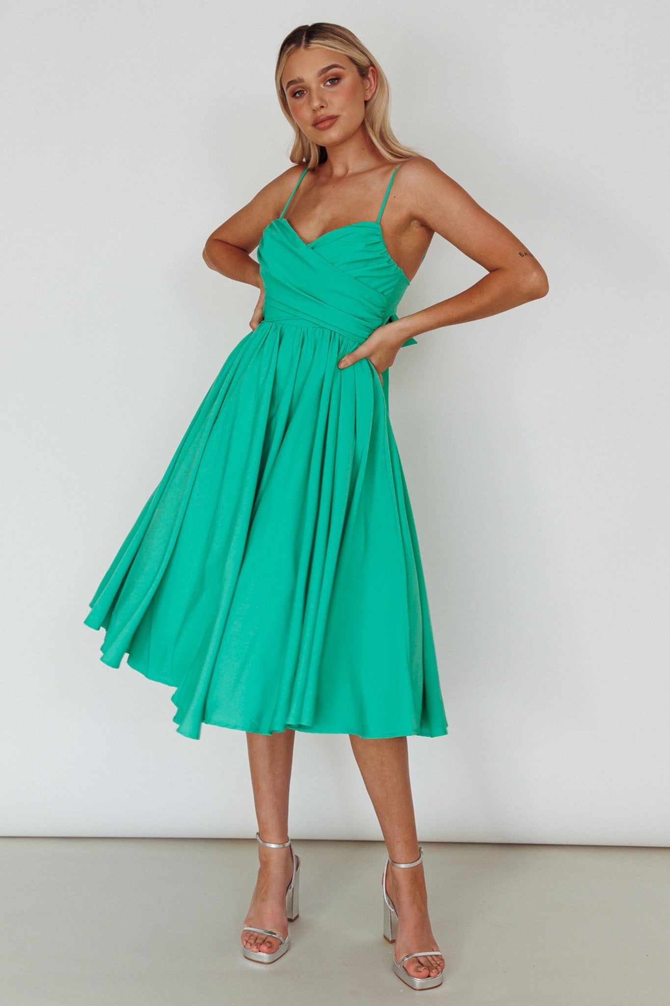 Salome Tied Back Knee Length Dress Green