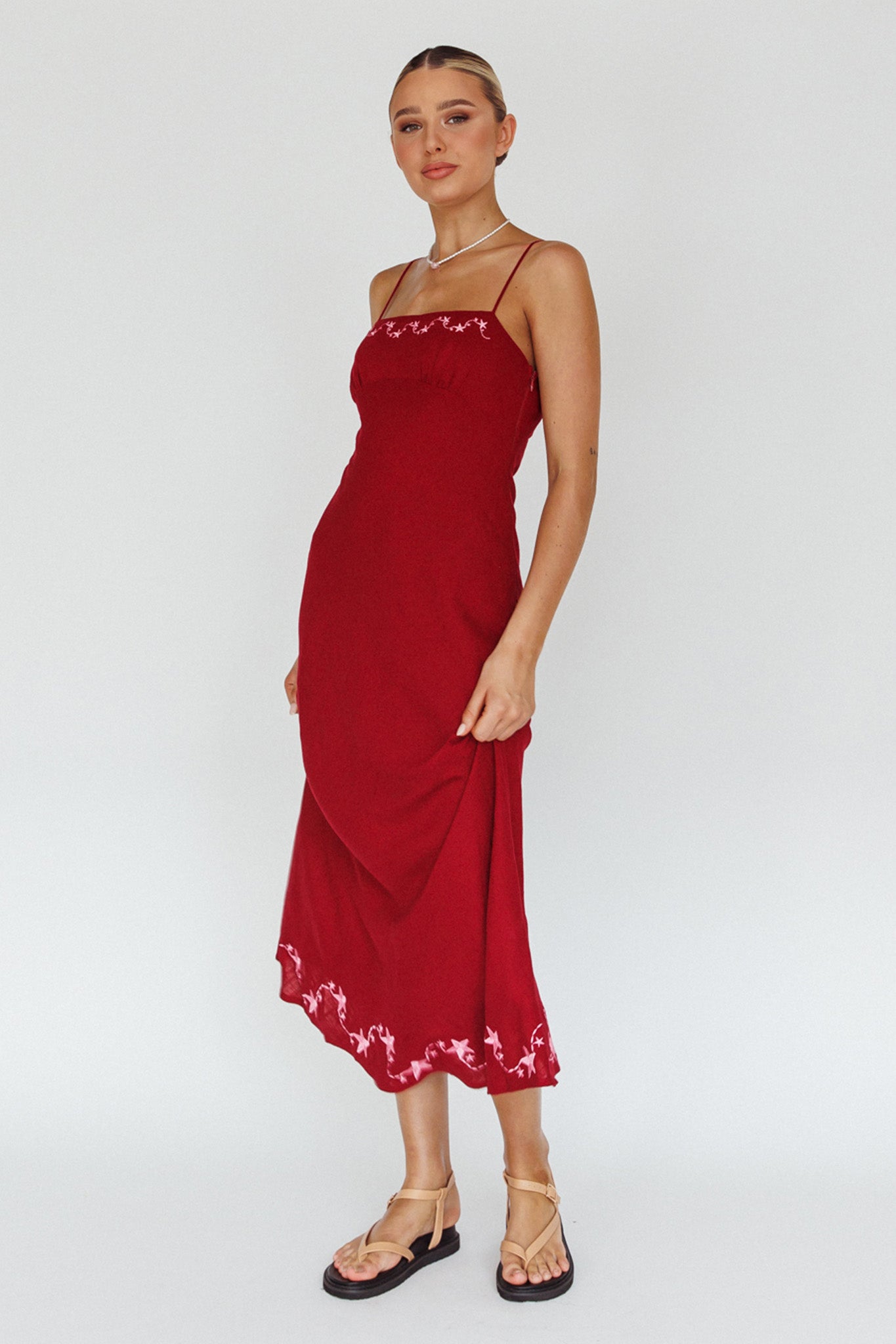 Star Garden Embroidered Midi Dress Wine