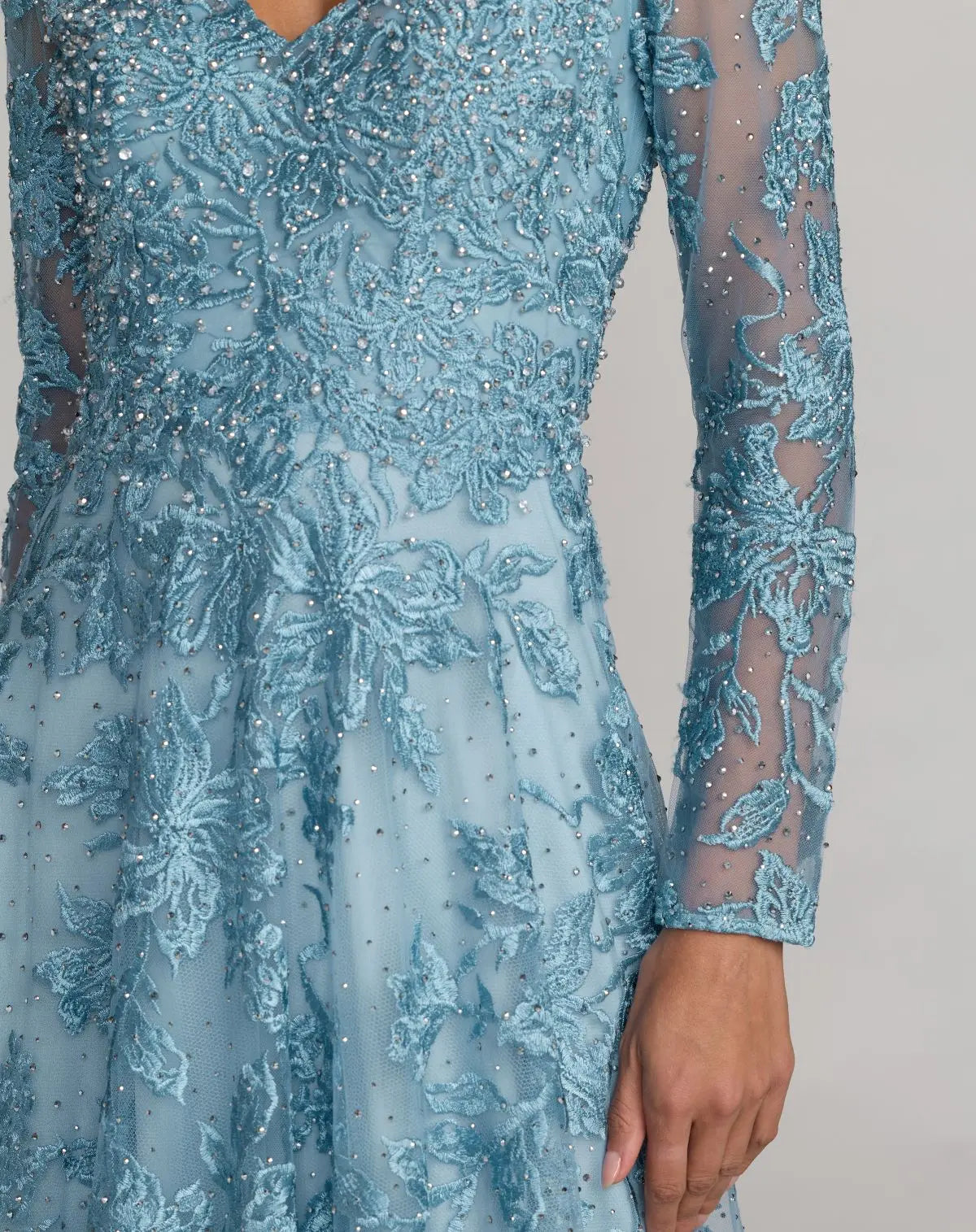 Blue Embroidered Long Sleeve A-Line Gown