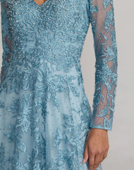 Blue Embroidered Long Sleeve A-Line Gown
