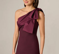 One Shoulder Satin Bow Crepe Gown In Bordeaux Glow