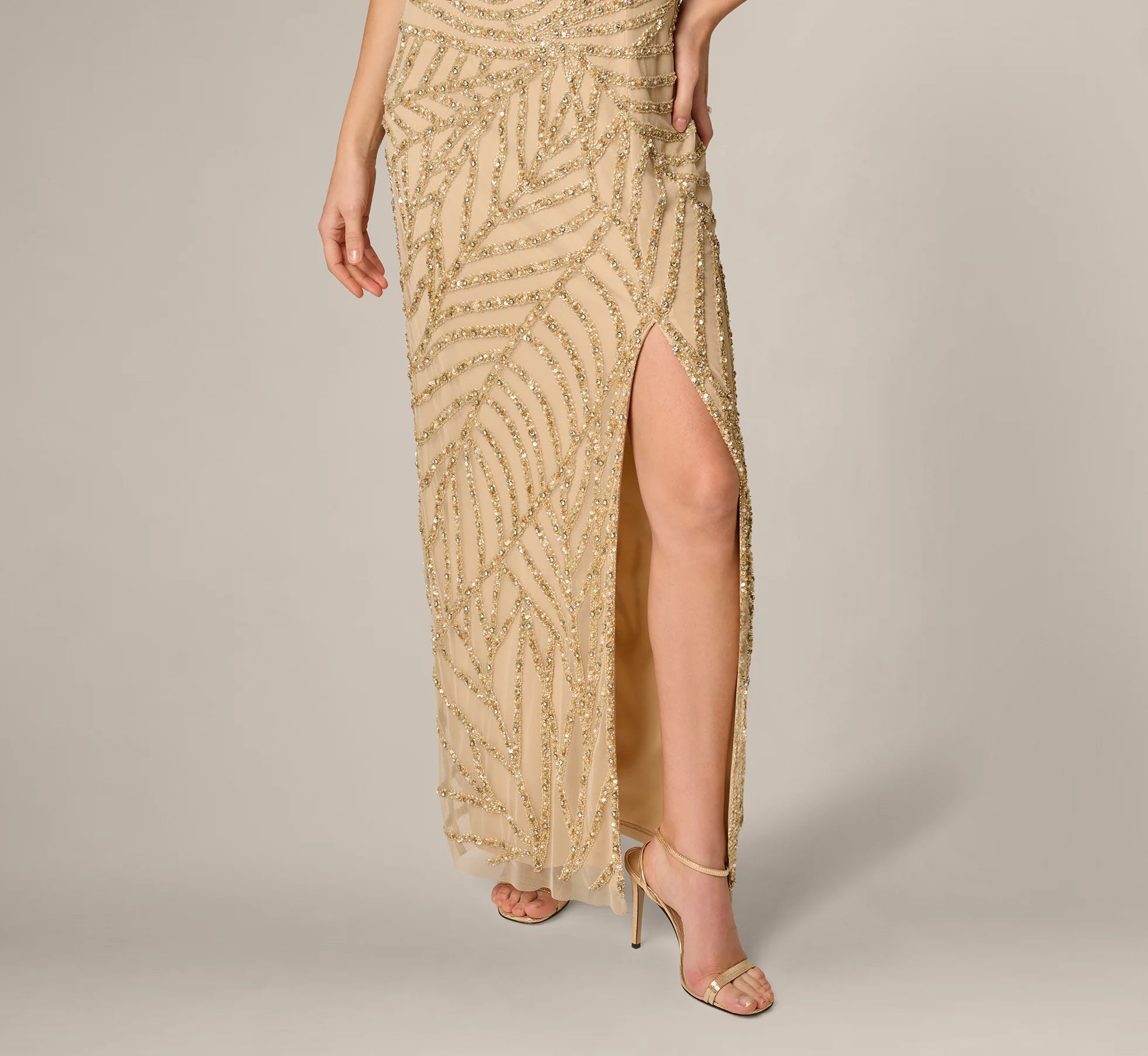 Sunburst Art Deco Beaded Halter Gown In Gold