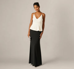 Pearly Beaded Peplum Combo Gown In Black Ivory
