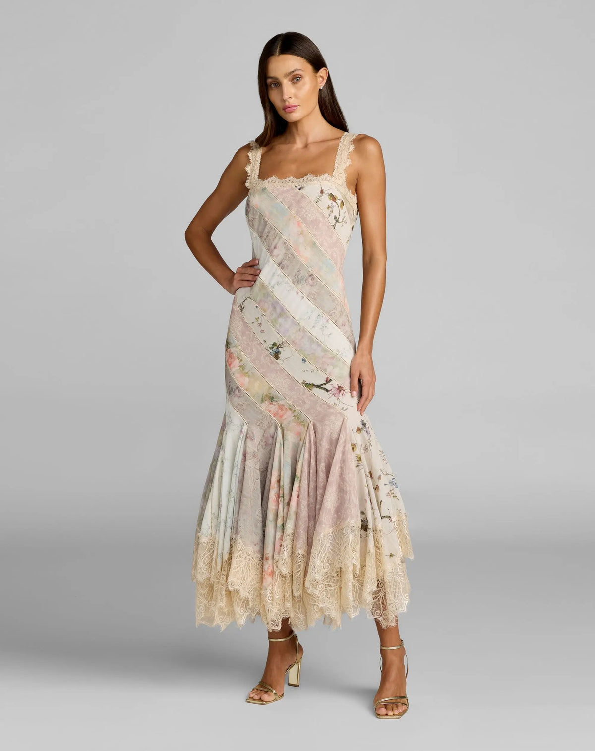 Multicolor Floral Chiffon Midi Dress With Lace Trim