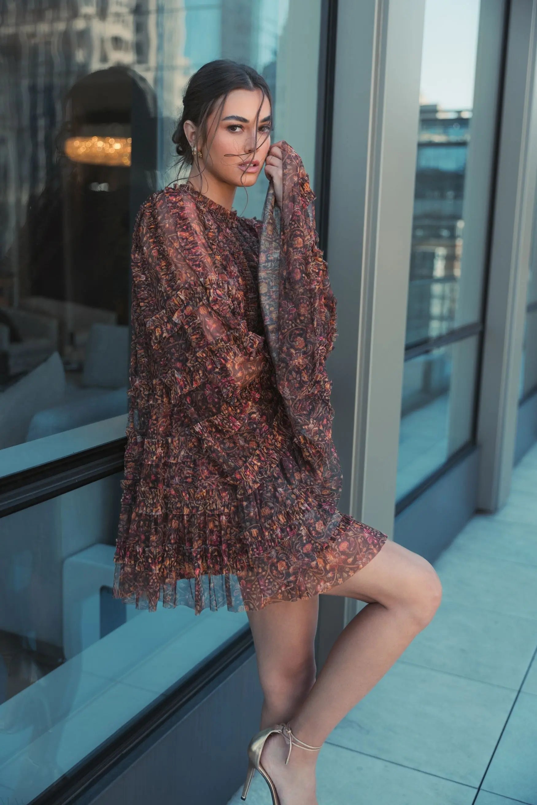 Brown Floral Print Long Flare Sleeve Mesh A-Line Dress - FINAL SALE