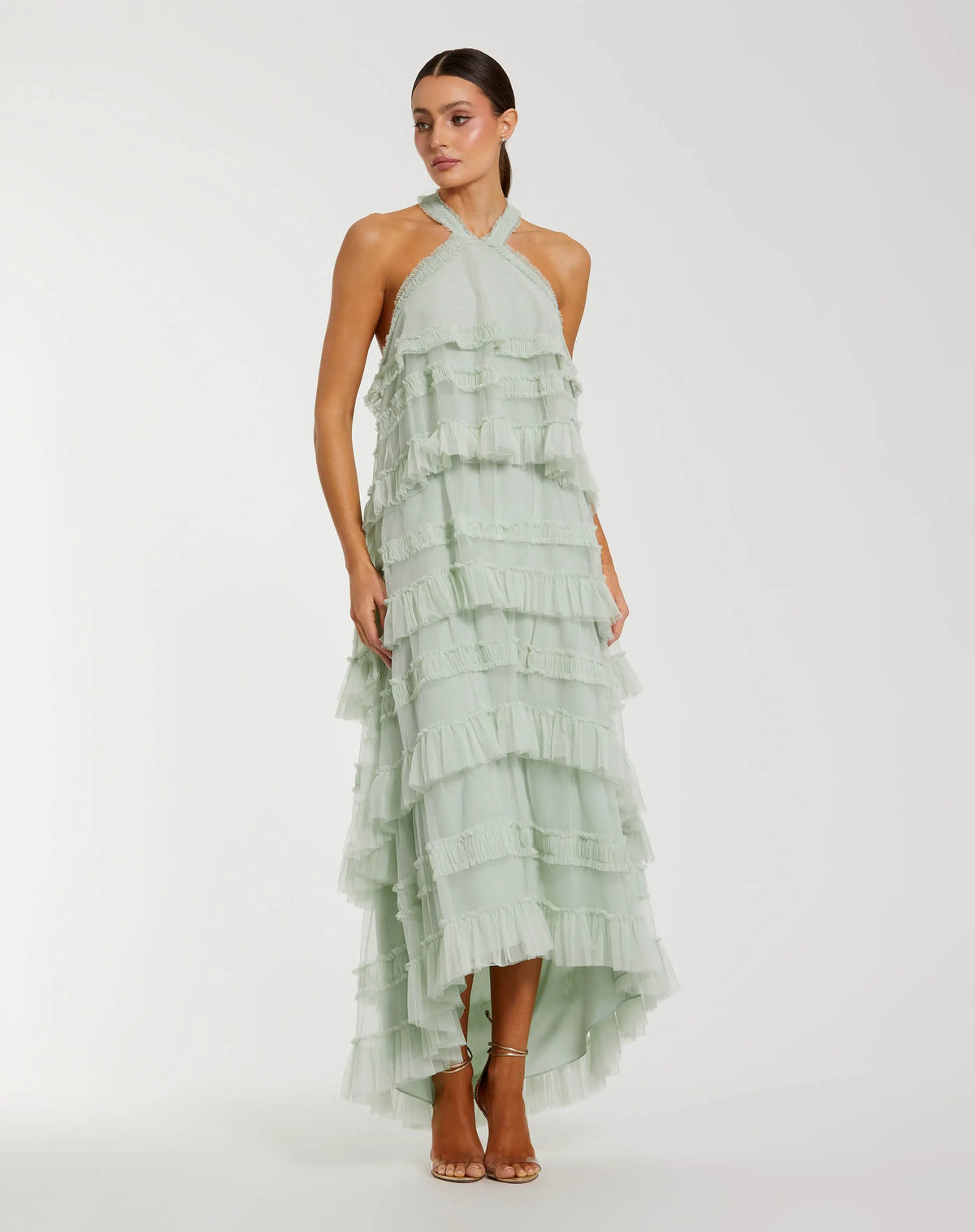 Tiered Ruffle Halter Neck Midi Dress