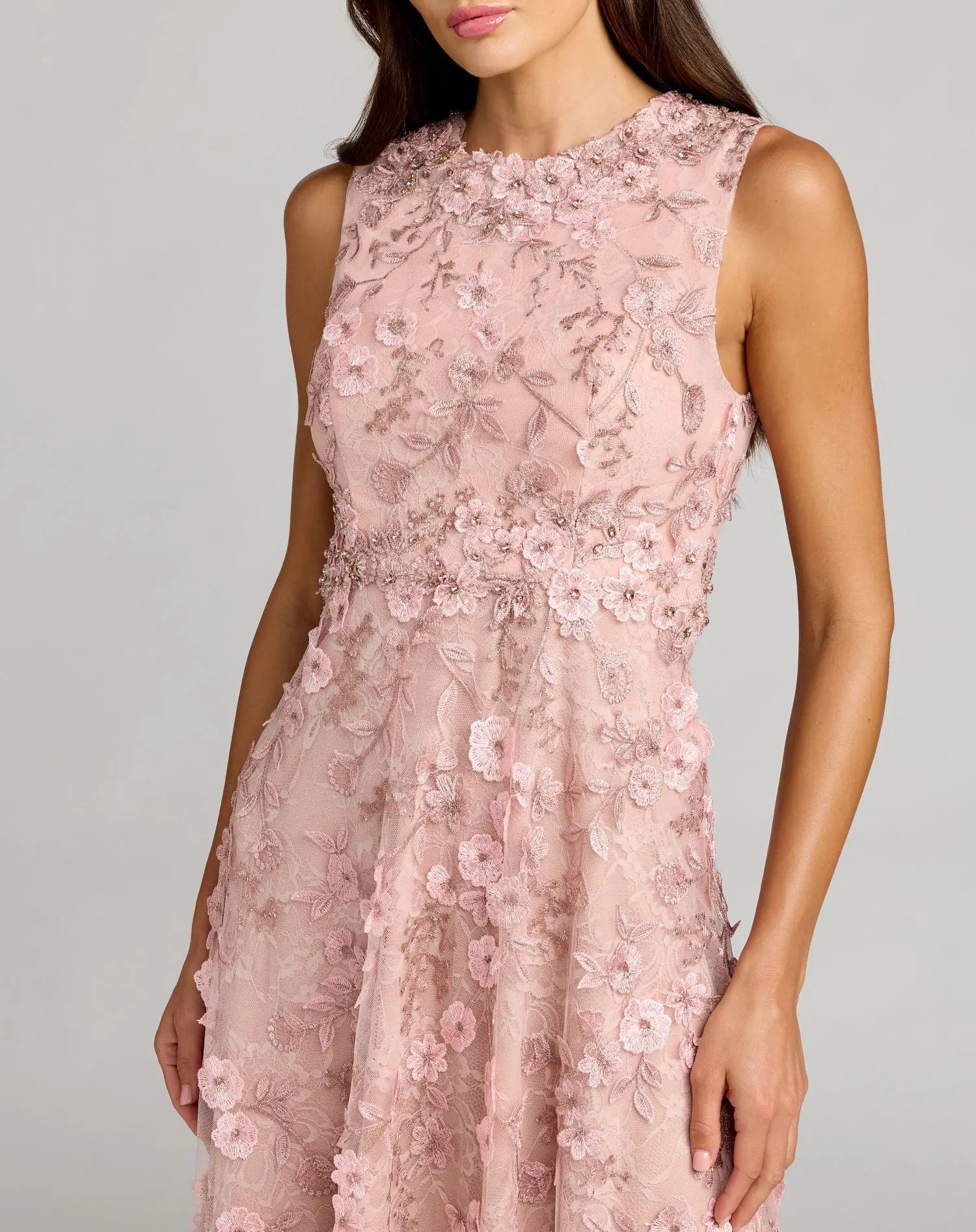 Petite Pink Floral Embroidered High Neck Midi Dress