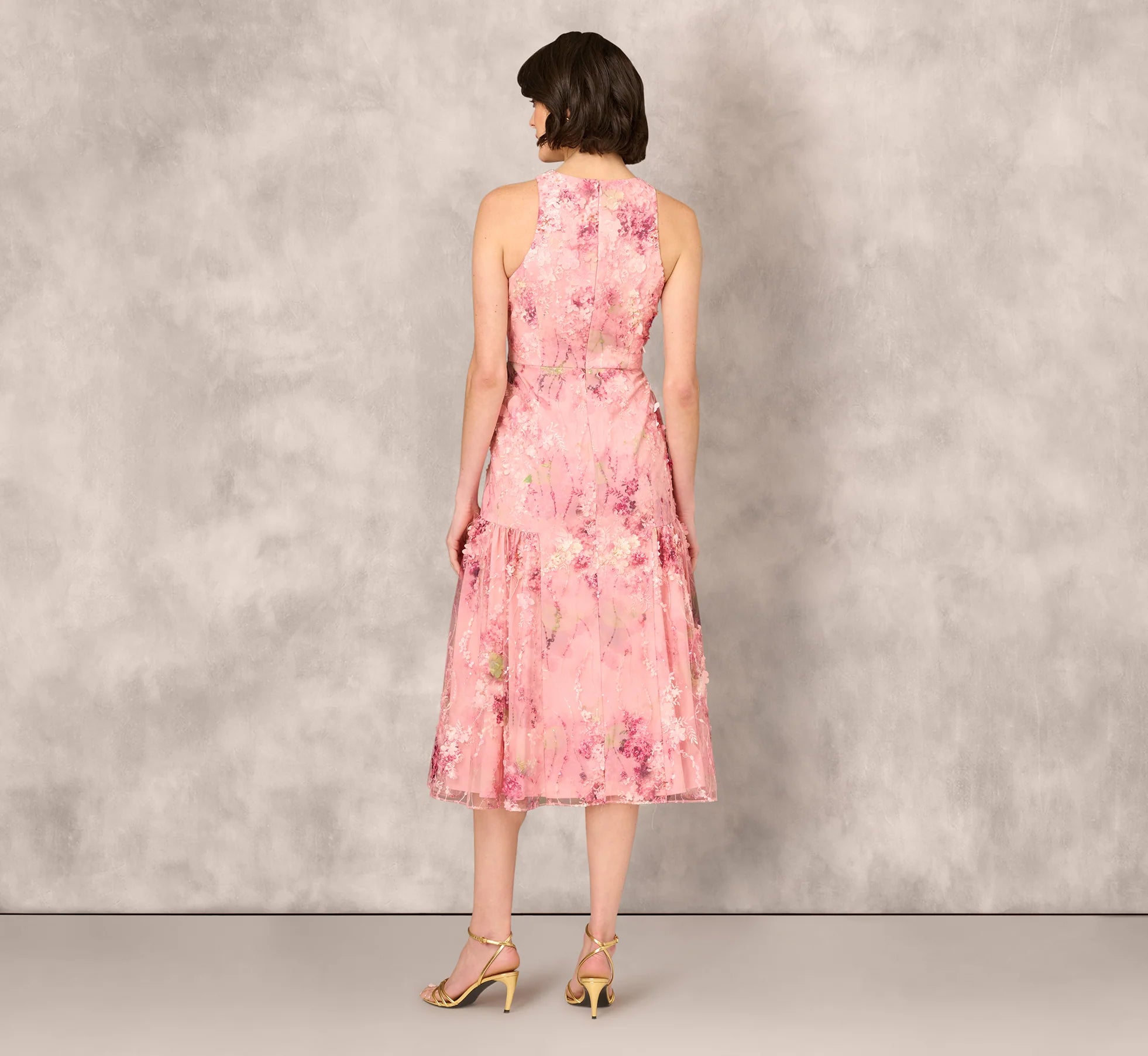 Sleeveless Embroidered Side Flounce Midi Dress In Pink Multi