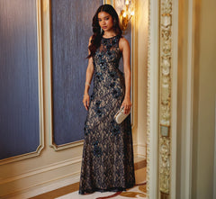 Sleeveless Sequin Floral Lace Gown In Midnight Multi Nude