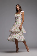 White Multicolor Floral Lace Tiered Midi Dress