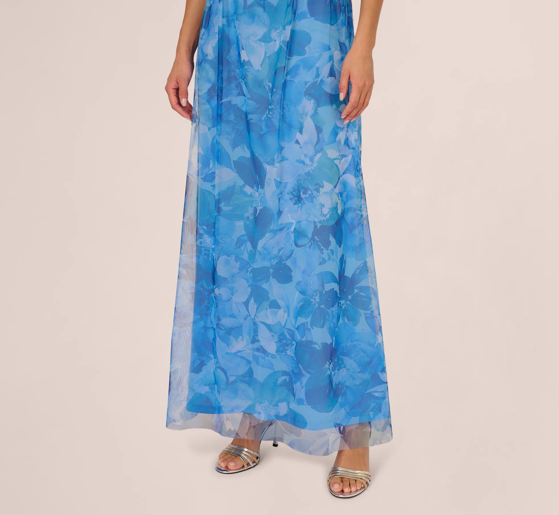 Cap Sleeve Twist Front Floral Tulle Gown In Blue Multi