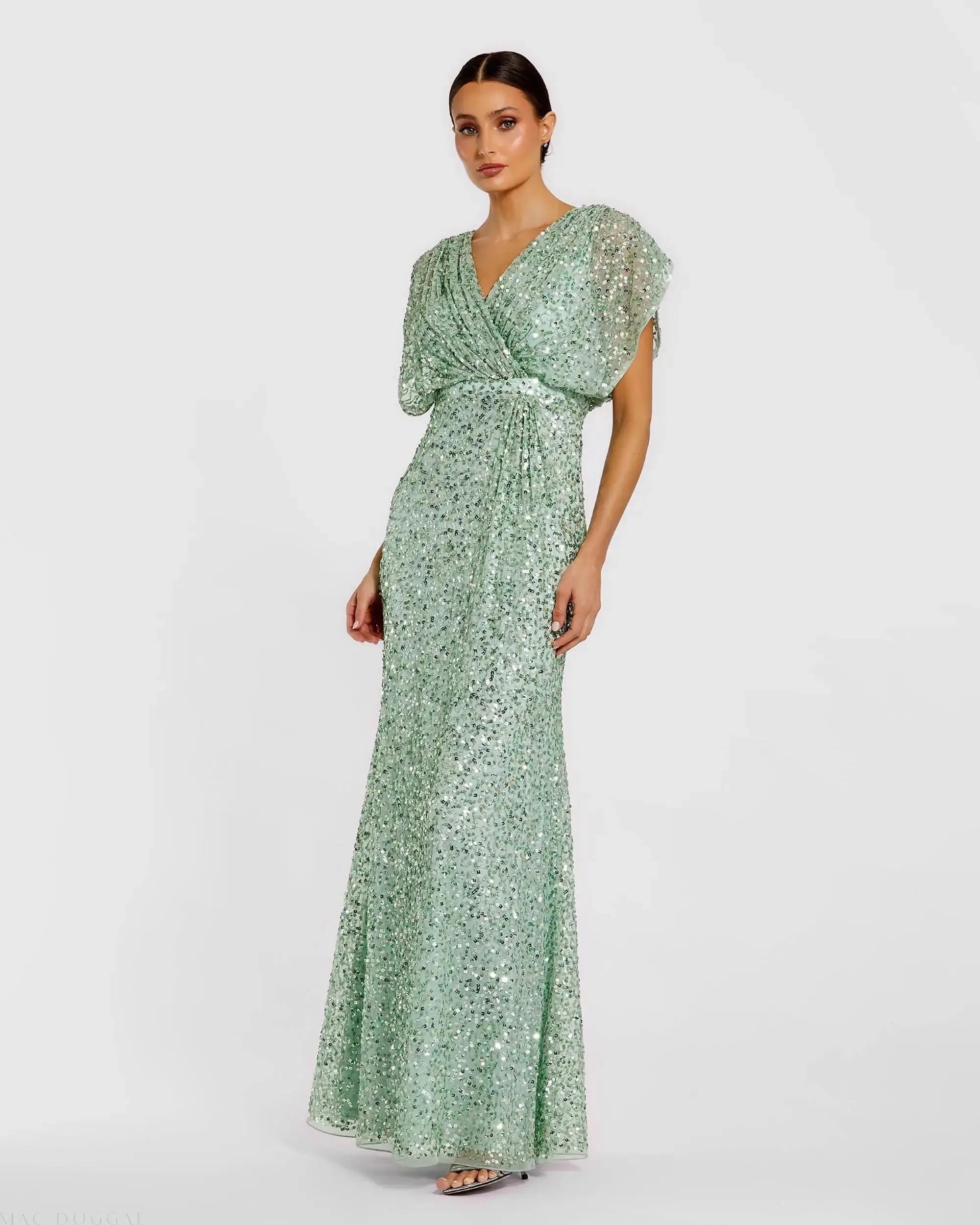 Draped Sleeve V Neck Gown