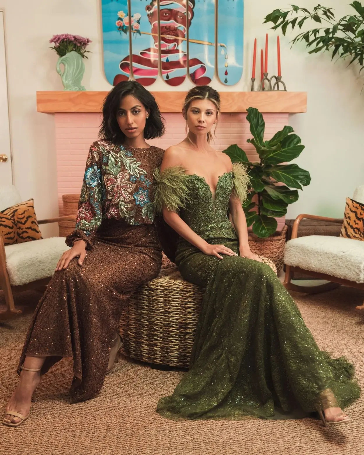 Green Off The Shoulder Embellished Lace Feather Trim Gown