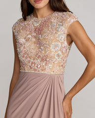 Purple Floral Embroidered Cap Sleeve Column Gown
