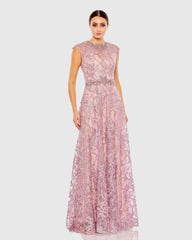 Pink Embroidered Cap Sleeve A Line Gown