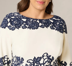 Plus Size Scroll Lace Midi Dress With Three Quarter Sleeves In Ivory Navy