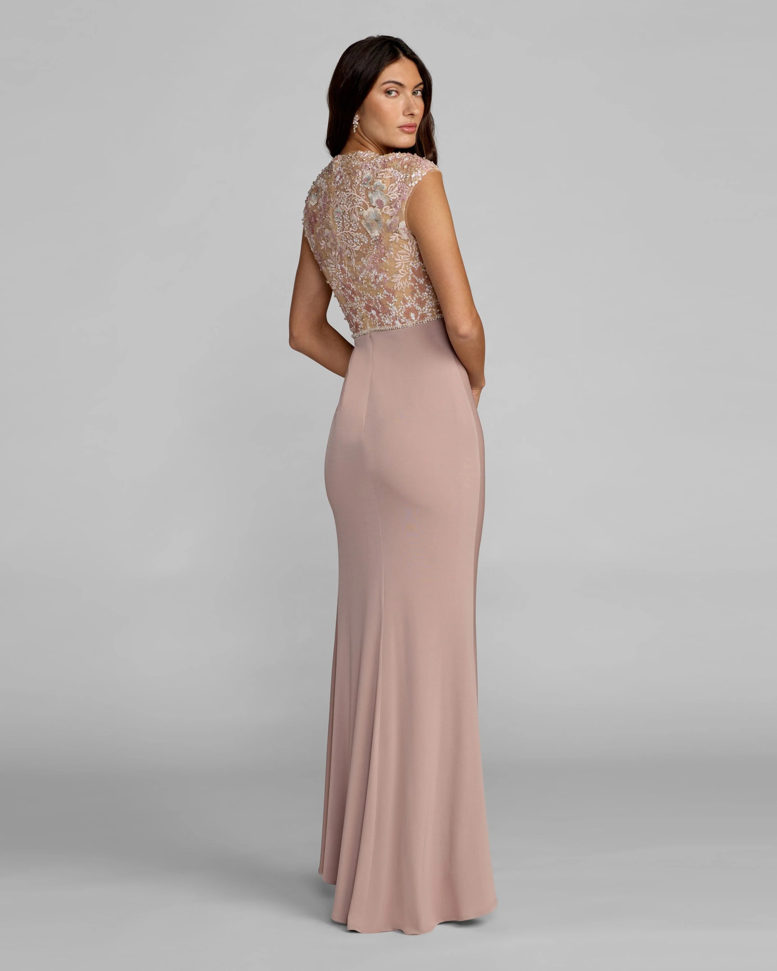 Purple Floral Embroidered Cap Sleeve Column Gown