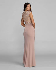 Purple Floral Embroidered Cap Sleeve Column Gown