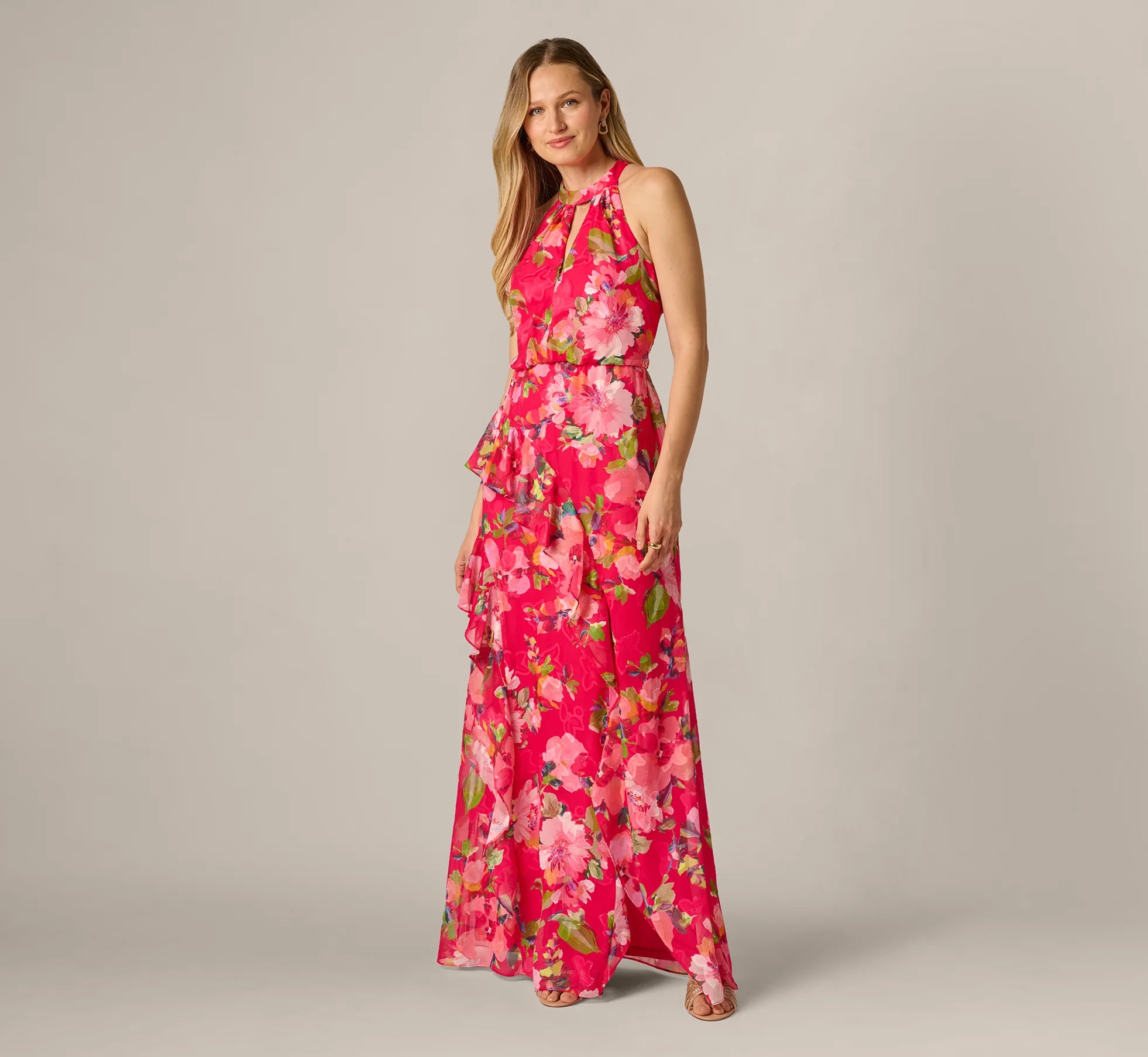 Floral Chiffon Keyhole Halter Maxi Dress In Pink Multi