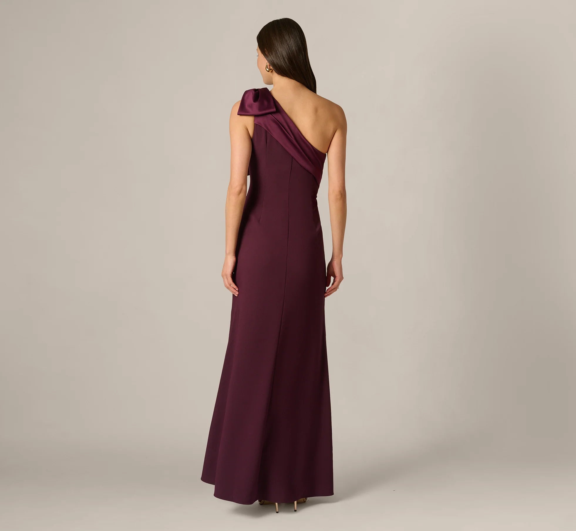 One Shoulder Satin Bow Crepe Gown In Bordeaux Glow