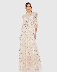 Floral Applique Puff Sleeve High Neck A-Line Gown
