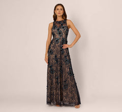 Sleeveless Sequin Floral Lace Gown In Midnight Multi Nude