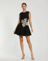 Sleeveless Crepe Mini Dress With Rhinestone Flower