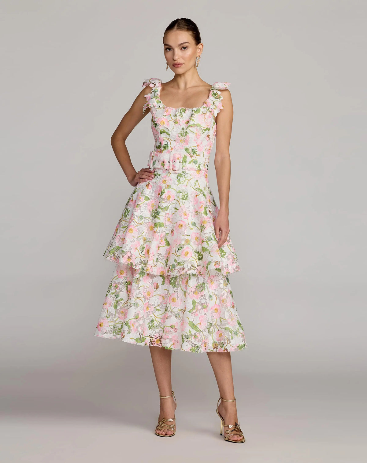 White Multicolor Floral Lace Tiered Midi Dress