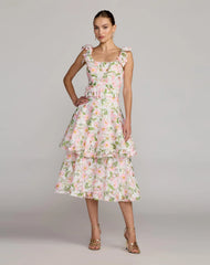 White Multicolor Floral Lace Tiered Midi Dress