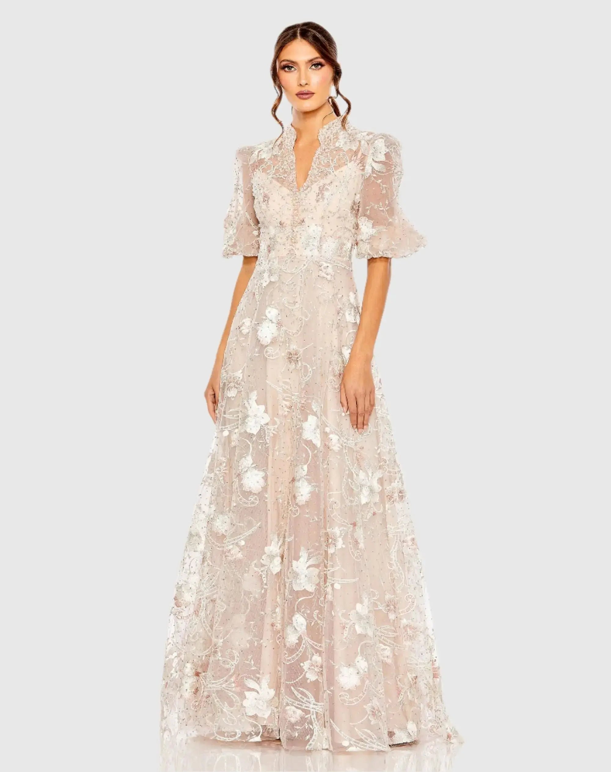 Queen Anne Puff Sleeve A-line Gown