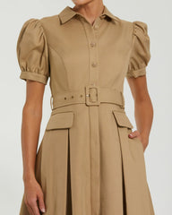 Beige Puff Sleeve Belted Midi Shirt Dress