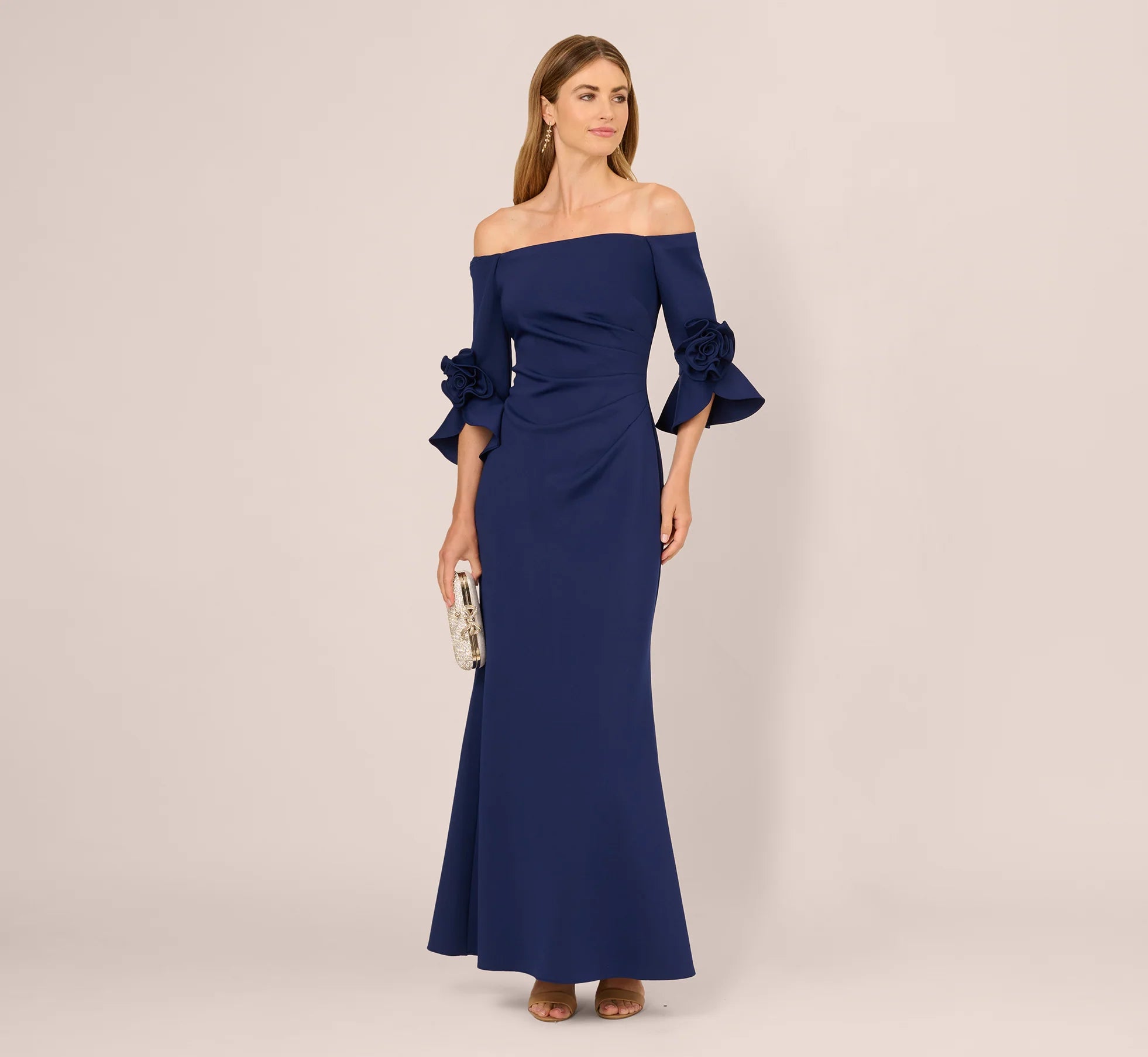 Off Shoulder Bell Sleeve Rosette Gown In Navy Sateen