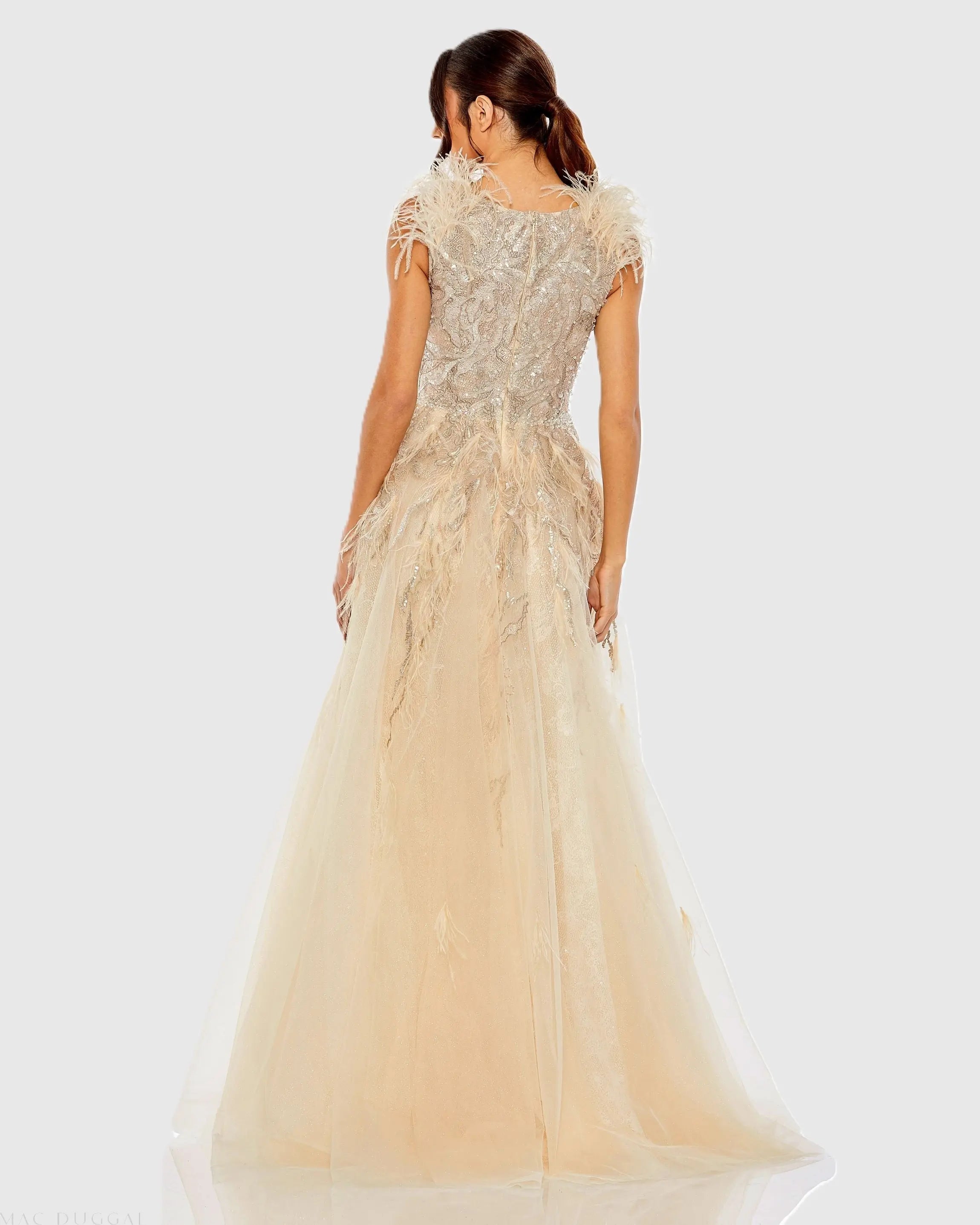 Beige Embellished Feathered Sleeveless A Line Gown