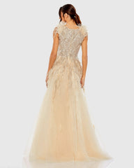 Beige Embellished Feathered Sleeveless A Line Gown