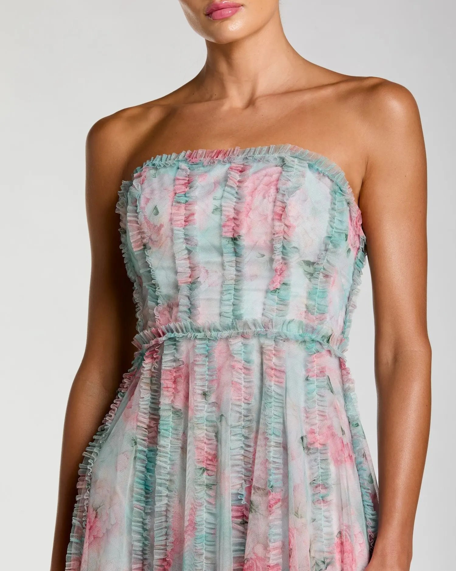Blue Strapless Floral Ruffle Dress