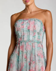 Blue Strapless Floral Ruffle Dress