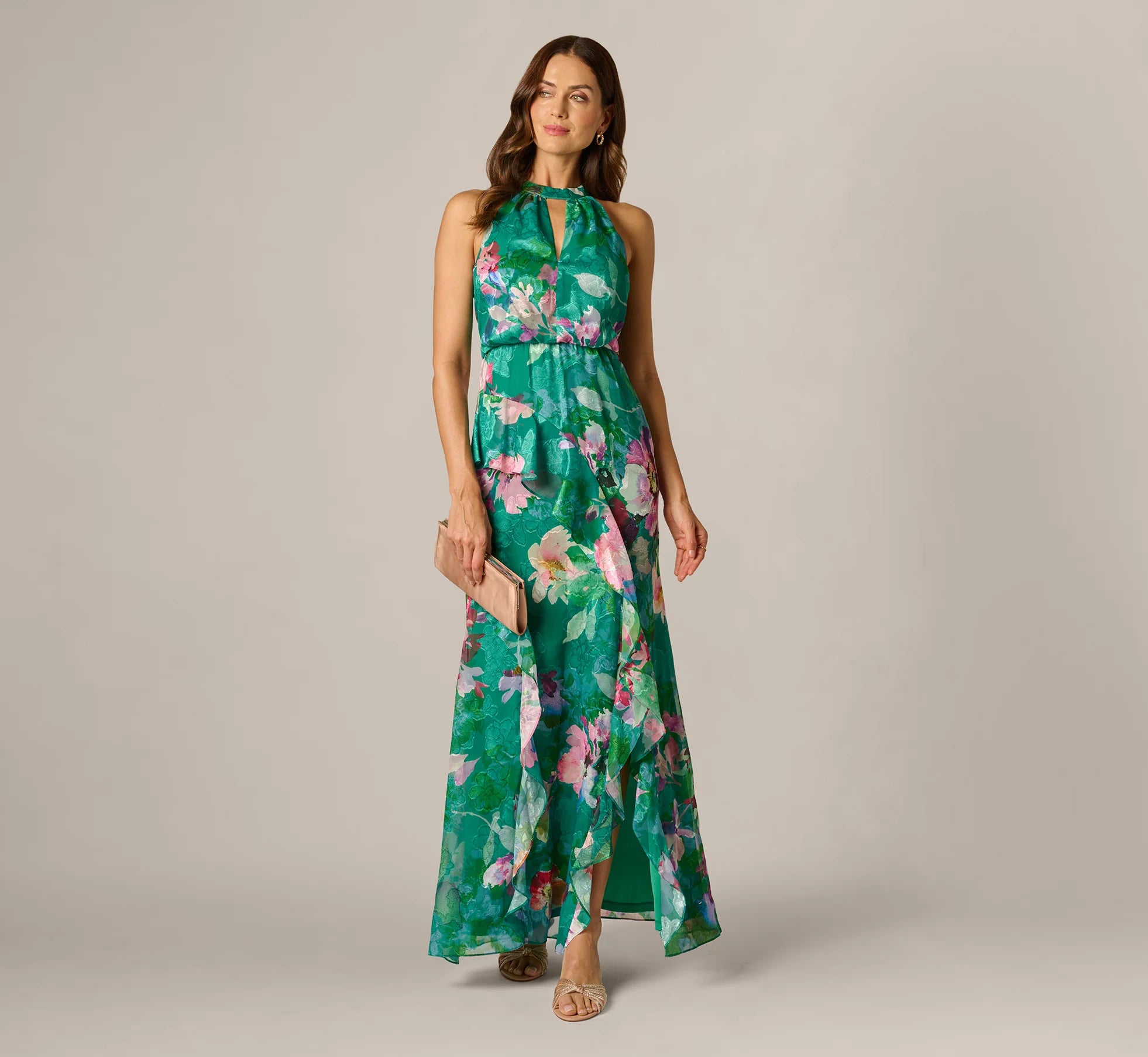 Floral Chiffon Blouson Ruffle Halter Gown In Green Multi