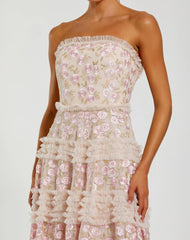Pink Floral Embroidered Strapless Ruffle Maxi Dress