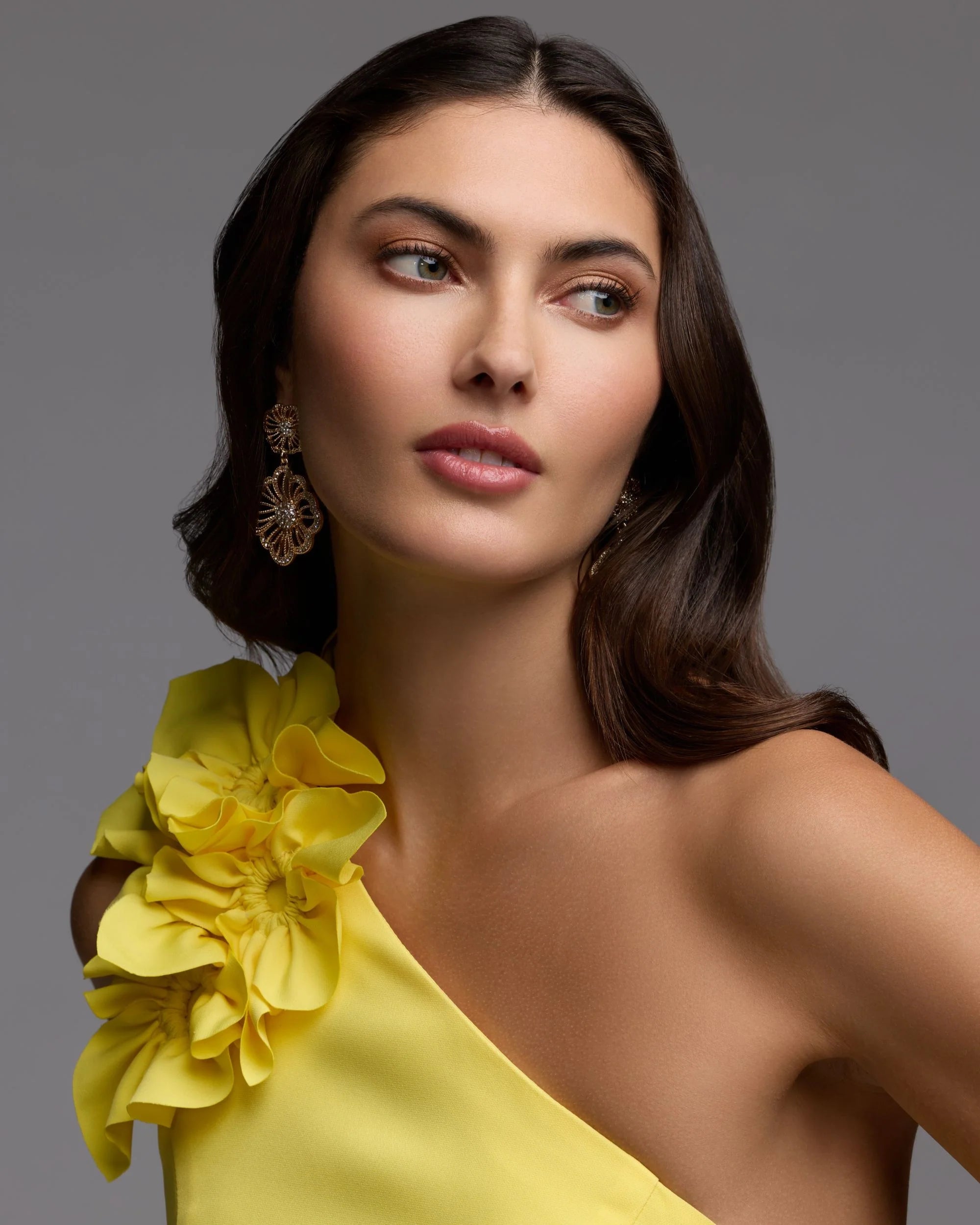 Yellow One Shoulder Crepe Gown with 3D Flower
