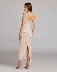 Pink Scoop Neck Embellished Dress With Bow Detail