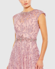 Pink Embroidered Cap Sleeve A Line Gown