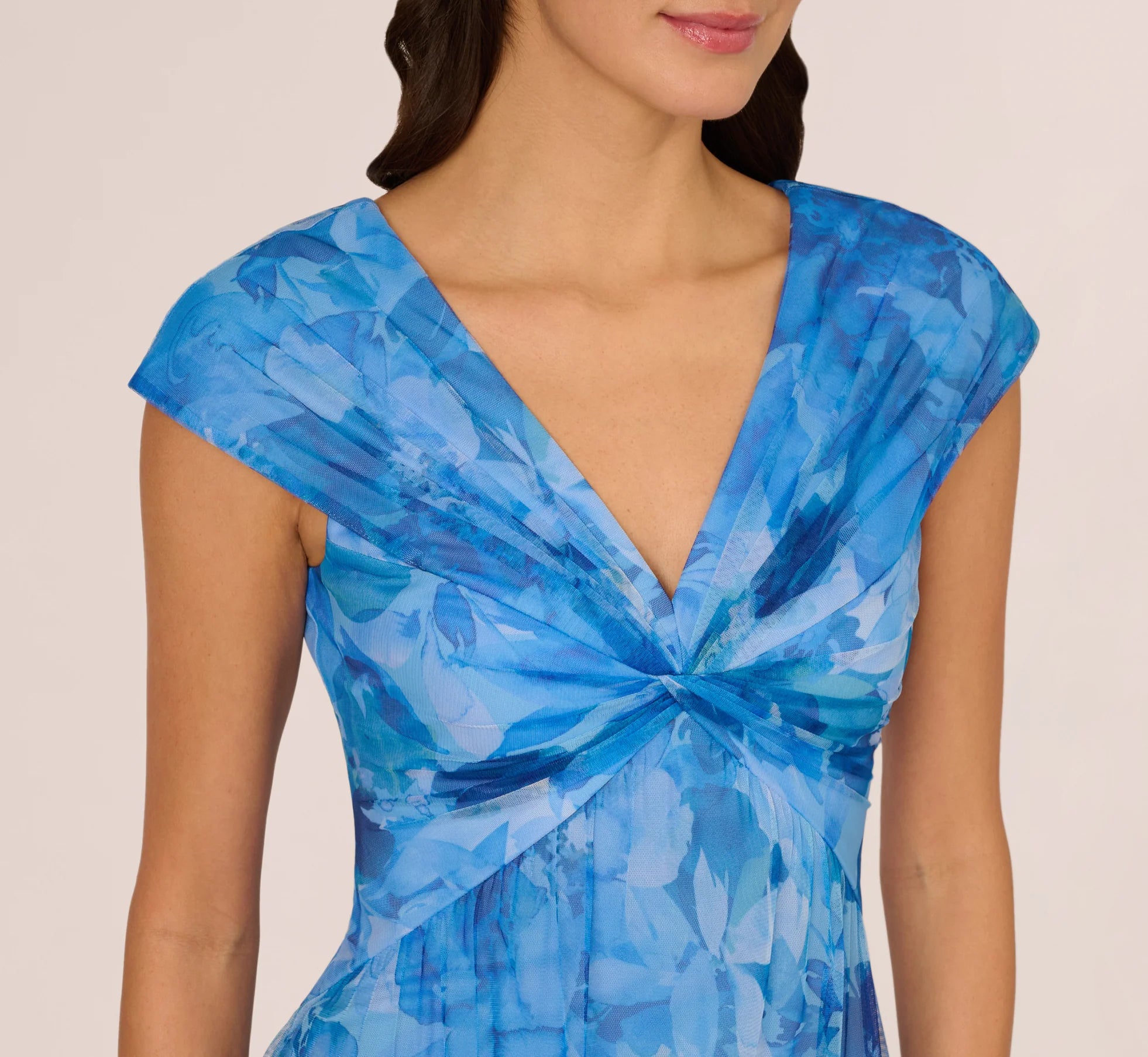 Cap Sleeve Twist Front Floral Tulle Gown In Blue Multi