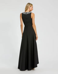 Petite Black Crepe Embellished Neck High Low Gown