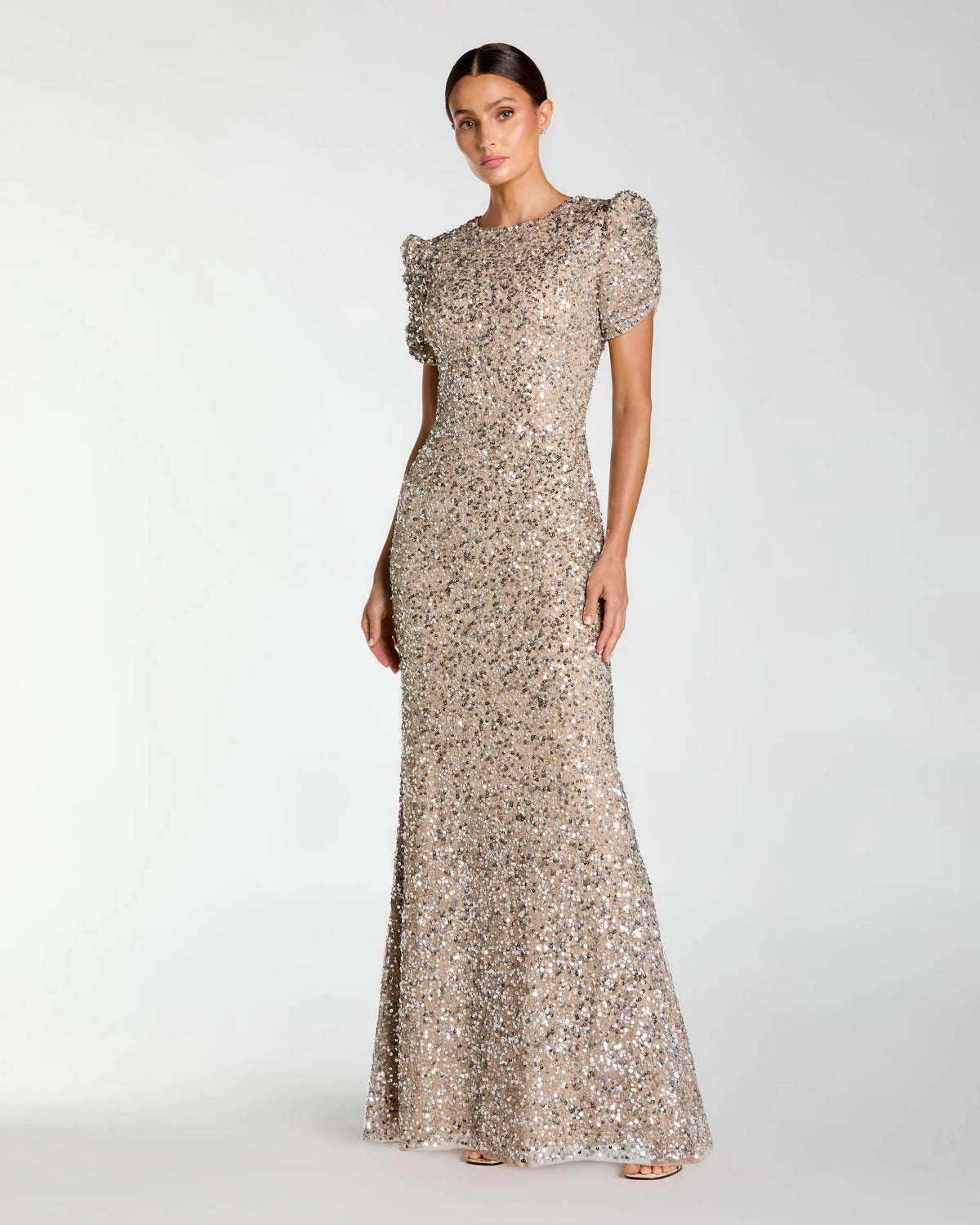 Beige Gathered Short Sleeve Embellished Gown